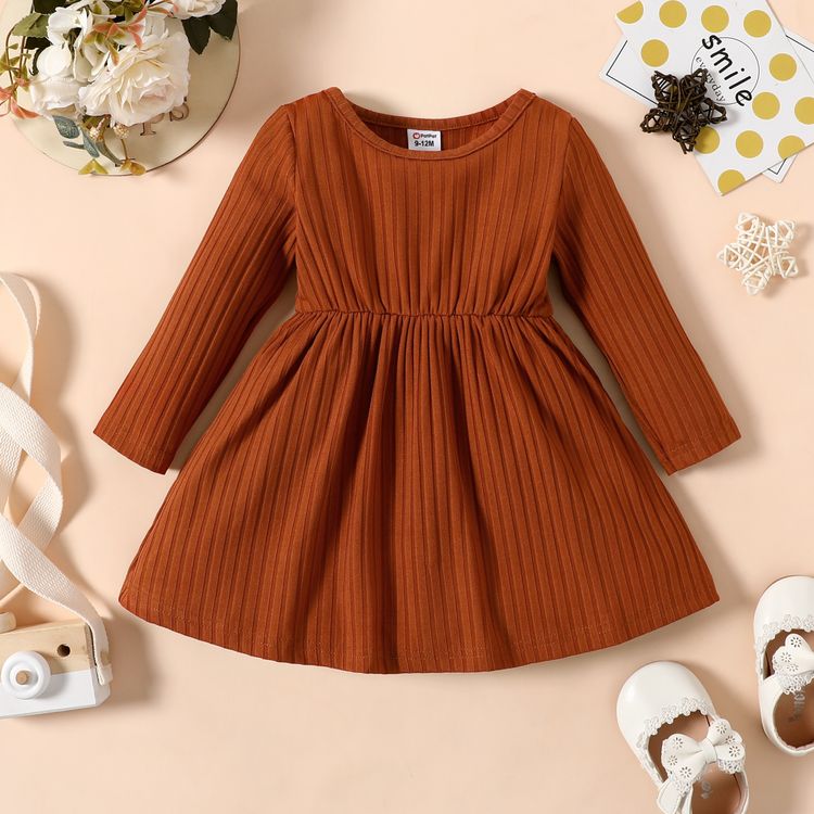 Baby Girl Ribbed Brown/White/Striped Long-sleeve Dress Brown