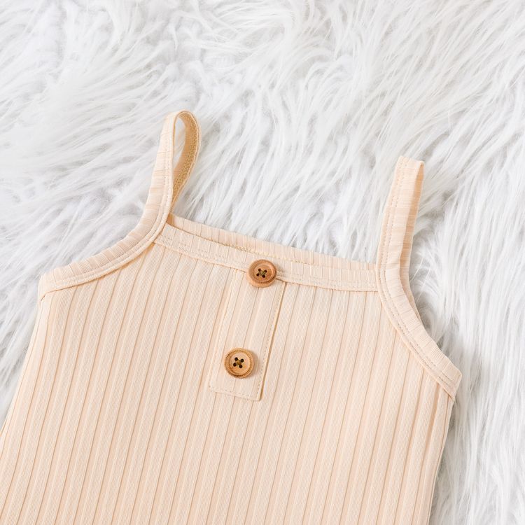 2pcs Baby Girl Ribbed Spaghetti Strap Romper and Allover Daisy Floral Print Flared Pants Set Color block