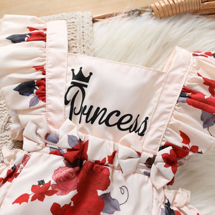 2pcs Baby Girl Sleeveless Ruffle Red Floral Letter Print Princess Romper with Headband Set Beige