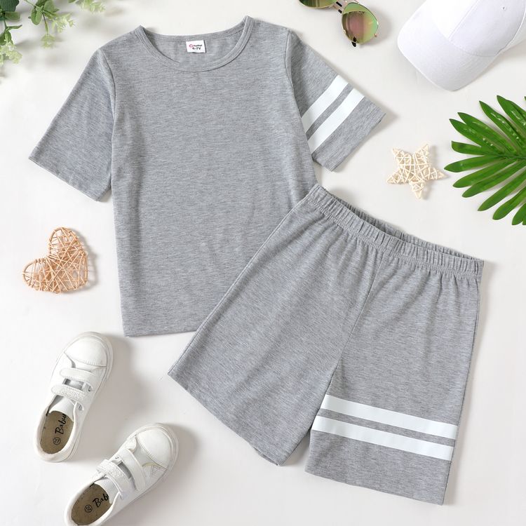 2-piece Kid Boy Striped Short-sleeve Tee and Elasticized Shorts Casual Set Lightgrey