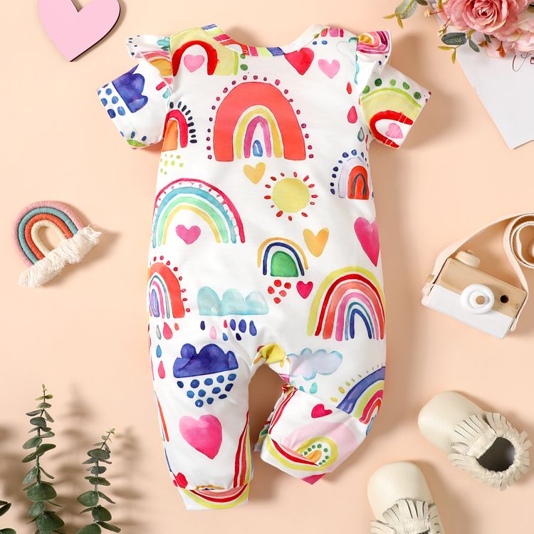 Baby Girl Allover Rainbow Print Ruffle Short-sleeve Jumpsuit ColorBlock