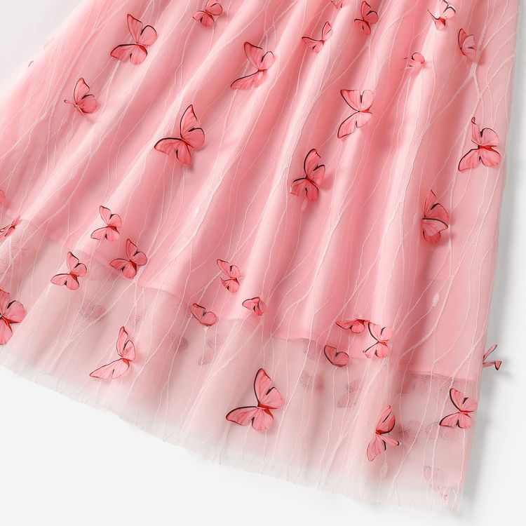 Pink Round Neck Ruffle Sleeveless Splicing Butterfly Appliques Mesh Dress for Mom and Me Pink
