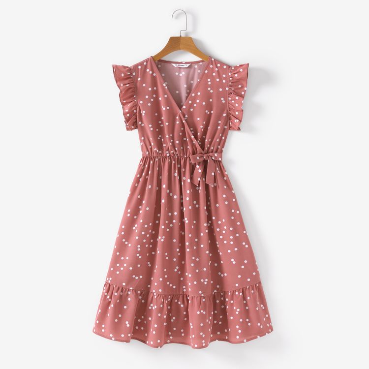 All Over Dots Pink Cross Wrap V Neck Ruffle Flutter-sleeve Dress for Mom and Me PinkyWhite