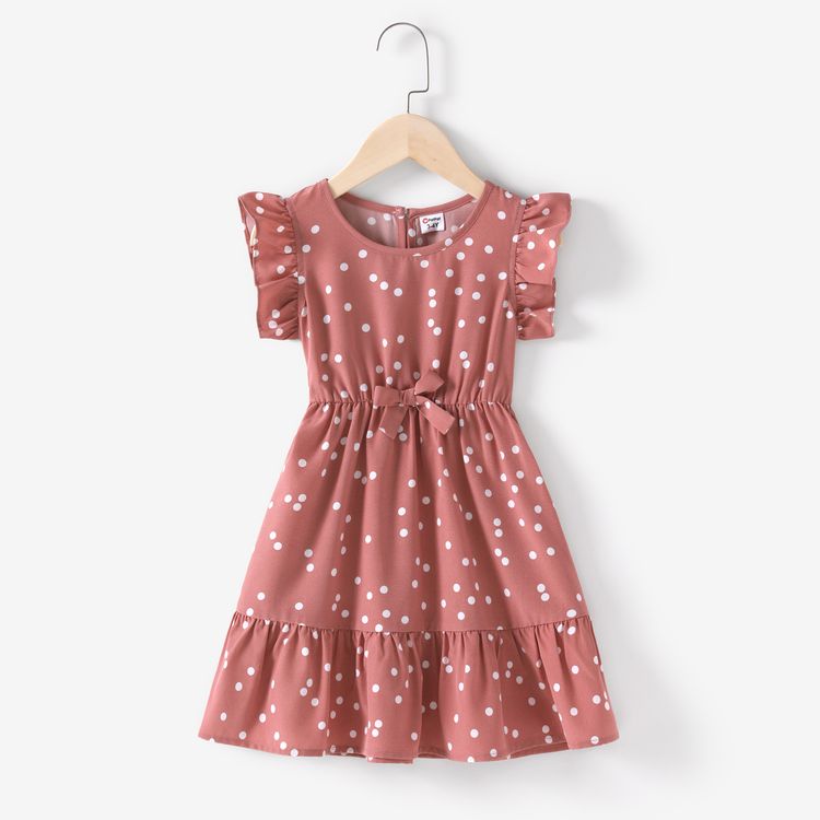 All Over Dots Pink Cross Wrap V Neck Ruffle Flutter-sleeve Dress for Mom and Me PinkyWhite
