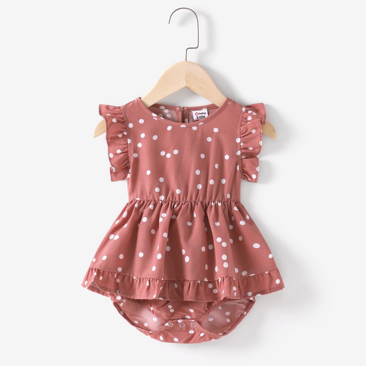 All Over Dots Pink Cross Wrap V Neck Ruffle Flutter-sleeve Dress for Mom and Me PinkyWhite