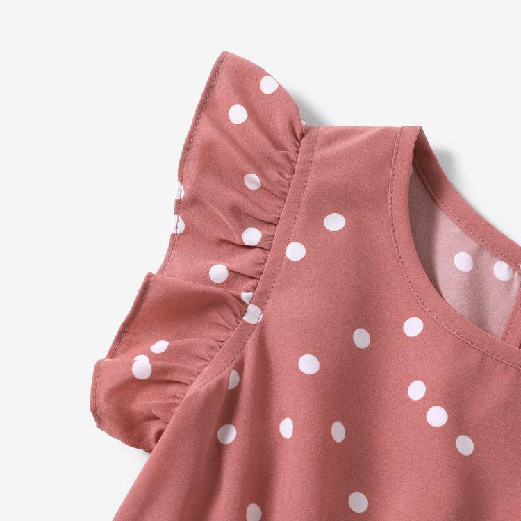 All Over Dots Pink Cross Wrap V Neck Ruffle Flutter-sleeve Dress for Mom and Me PinkyWhite