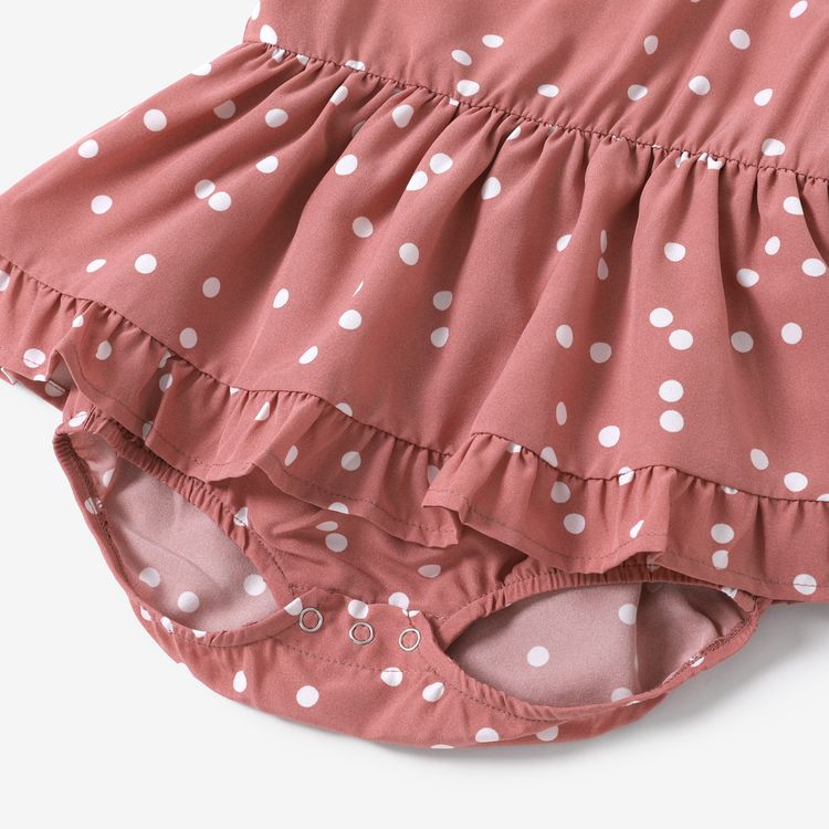 All Over Dots Pink Cross Wrap V Neck Ruffle Flutter-sleeve Dress for Mom and Me PinkyWhite