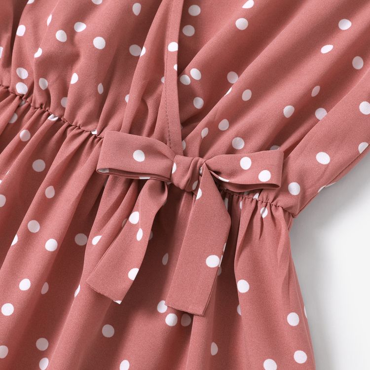 All Over Dots Pink Cross Wrap V Neck Ruffle Flutter-sleeve Dress for Mom and Me PinkyWhite