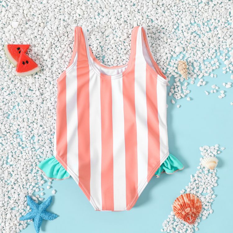 Baby Girl Watermelon Print Striped Sleeveless Ruffle One-Piece Swimsuit Colorful