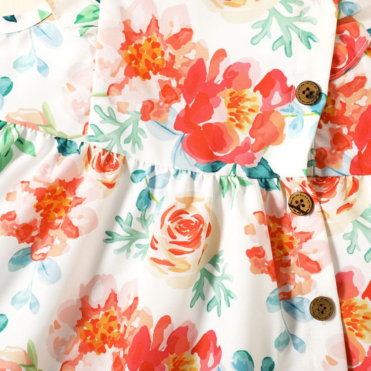 Toddler Girl Floral Print/Coral Red Square Neck Button Design Flutter-sleeve Dress White