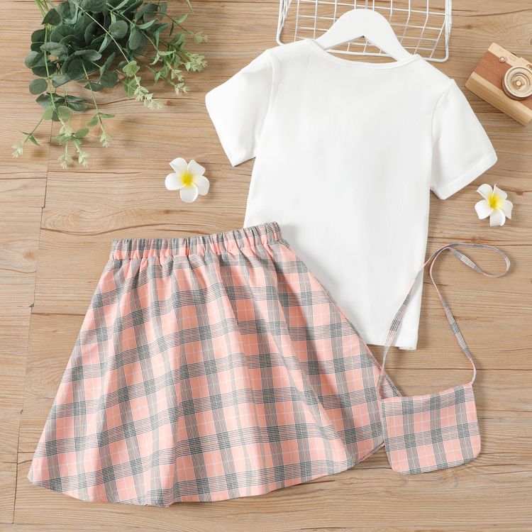 2-piece Kid Girl Sweet Letter Print Tee and Elasticized Plaid Skirt Set (Crossbody Bag is included) White