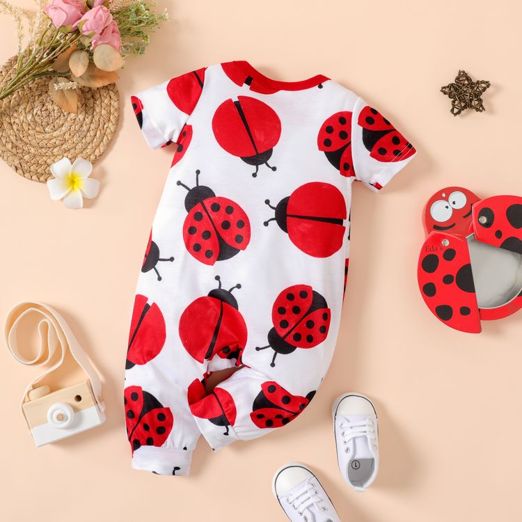 Baby Girl Allover Bee/Ladybug Print Short-sleeve Snap Jumpsuit Red-2