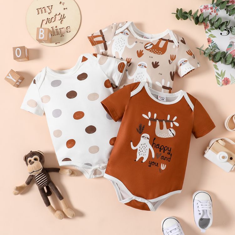 Baby Boy All Over Dots/Sloth Print Short-sleeve Romper Brown
