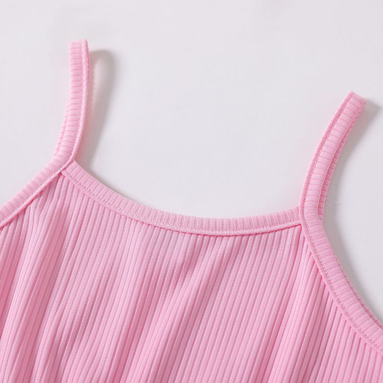Kid Girl Solid Color Ribbed Bowknot Design Cami Capri Jumpsuits Pink