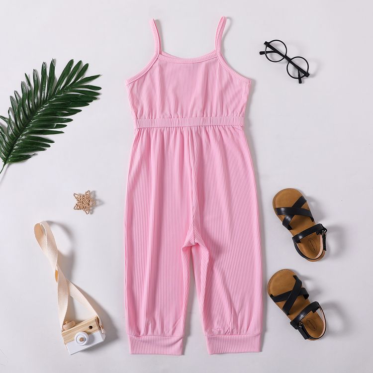 Kid Girl Solid Color Ribbed Bowknot Design Cami Capri Jumpsuits Pink
