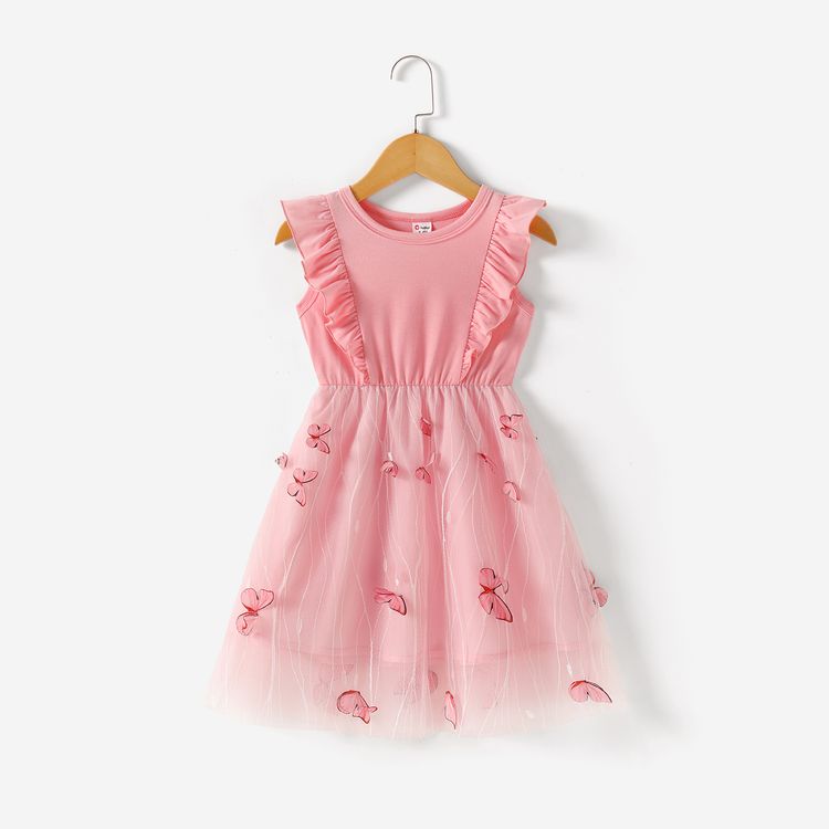Pink Round Neck Ruffle Sleeveless Splicing Butterfly Appliques Mesh Dress for Mom and Me Pink