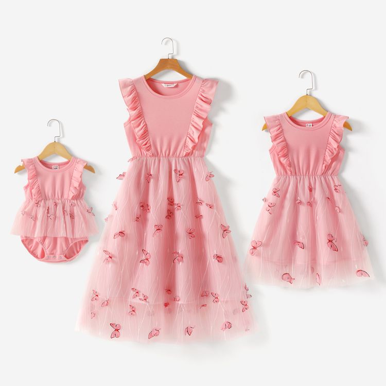 Pink Round Neck Ruffle Sleeveless Splicing Butterfly Appliques Mesh Dress for Mom and Me Pink