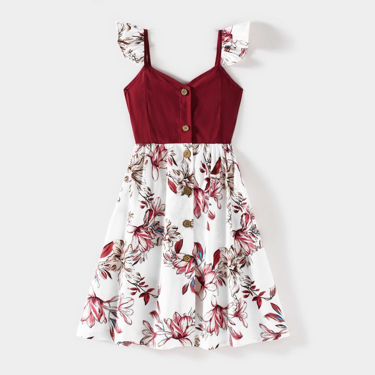 Family Matching Solid V Neck Button Up Spaghetti Strap Splicing Floral Print Dresses and Short-sleeve T-shirts Sets WineRed