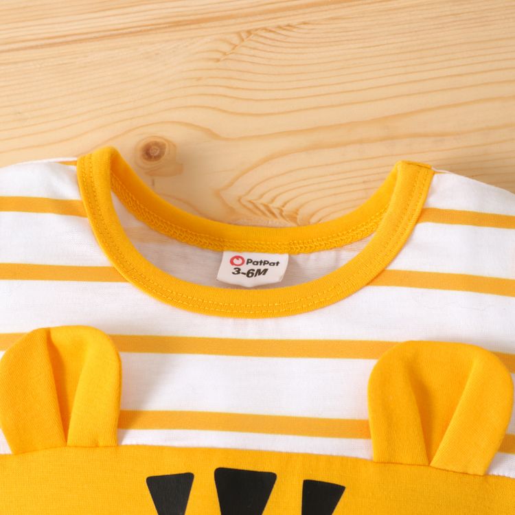 Baby Boy Cartoon Tiger Print Yellow Striped Short-sleeve Splicing Romper Color block