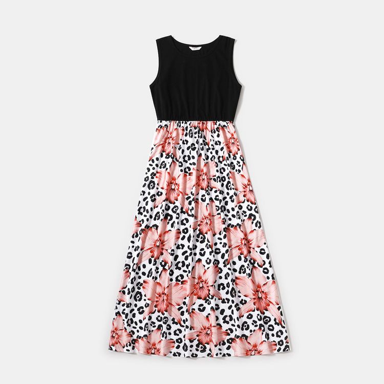 Black Sleeveless Splicing Floral Print Leopard Dress for Mom and Me BlackandWhite
