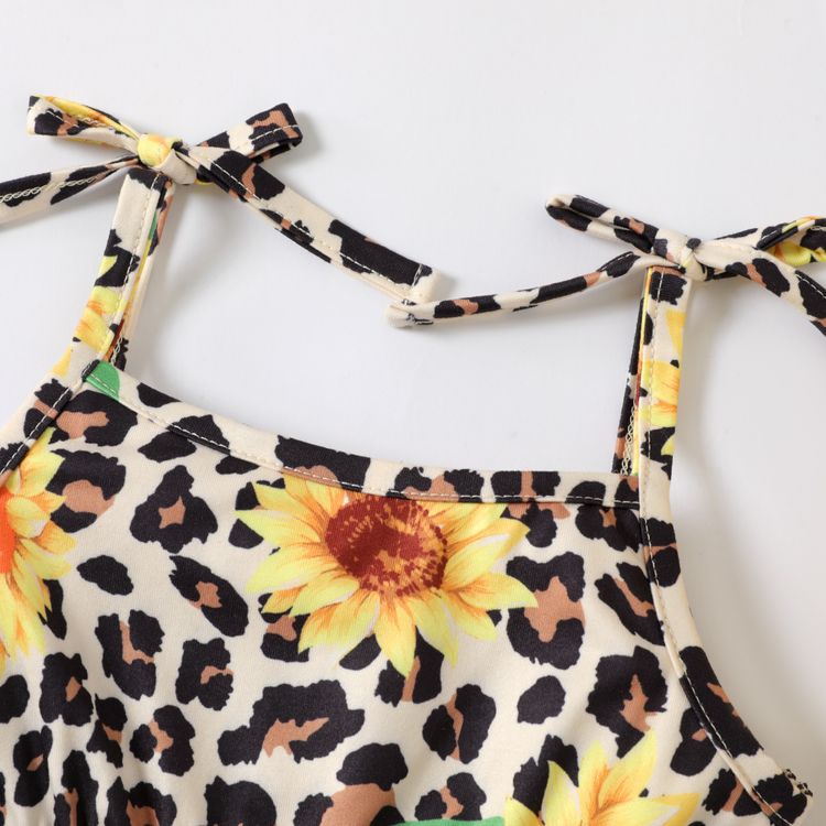 2pcs Baby Girl All Over Sunflower Leopard Spaghetti Strap Romper with Headband Set Yellow