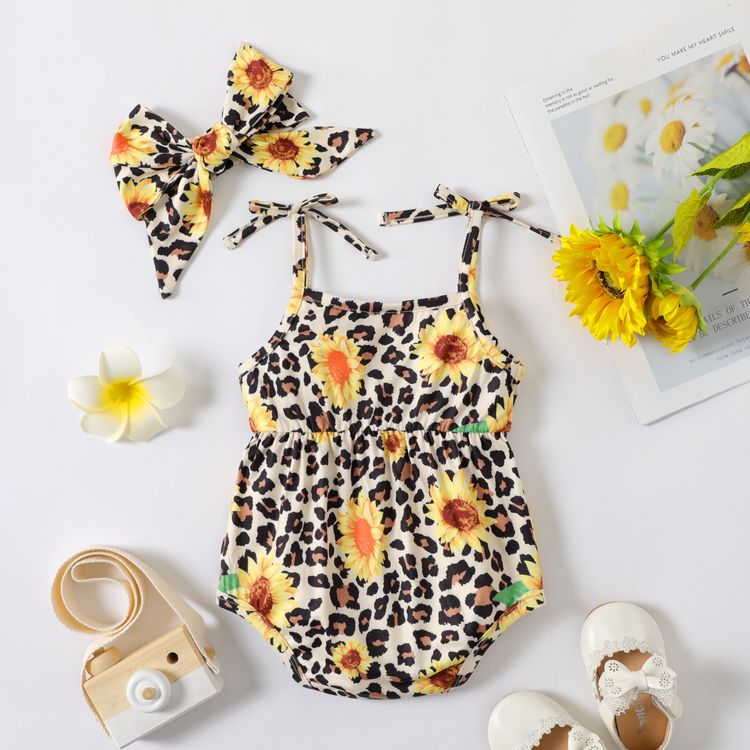 2pcs Baby Girl All Over Sunflower Leopard Spaghetti Strap Romper with Headband Set Yellow