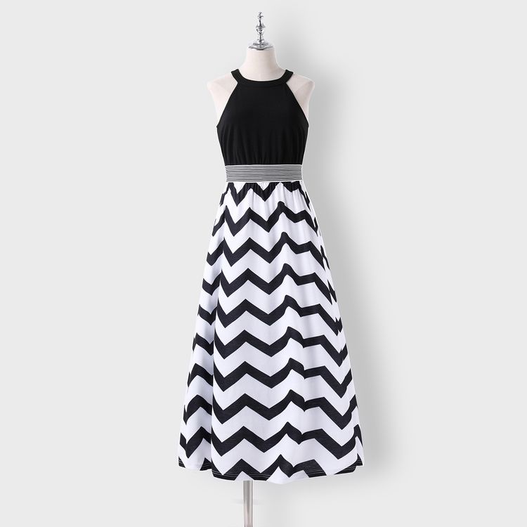 Family Matching Black Halter Neck Off Shoulder Splicing Chevron Striped Maxi Dresses and Short-sleeve T-shirts Sets BlackandWhite