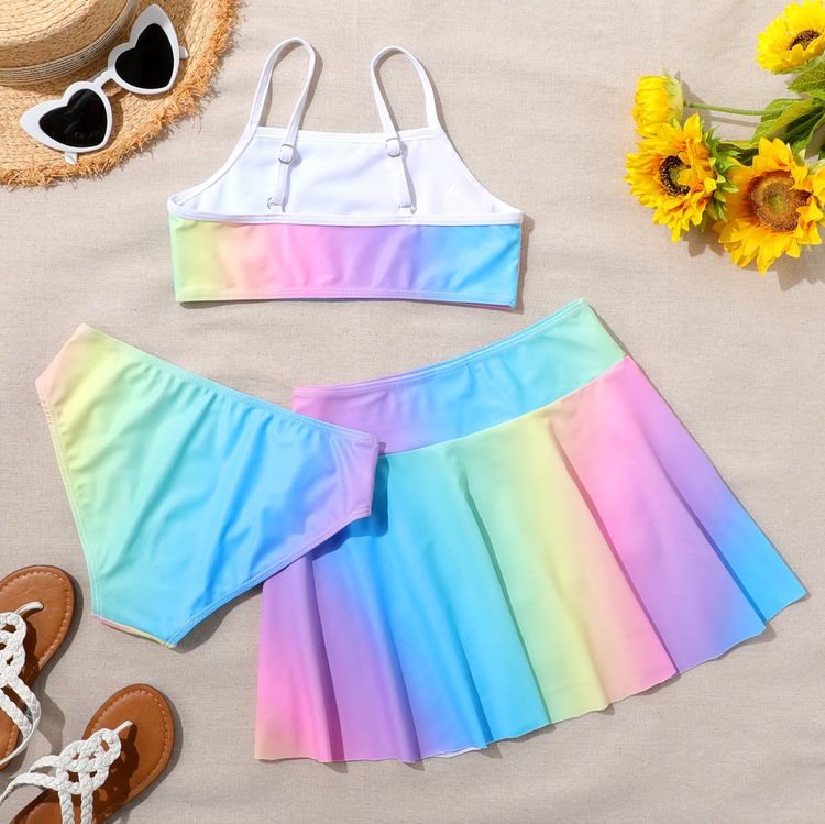 3-piece Kid Girl Gradient Color Tank, Briefs and Skirt Swimsuit Set Colorful
