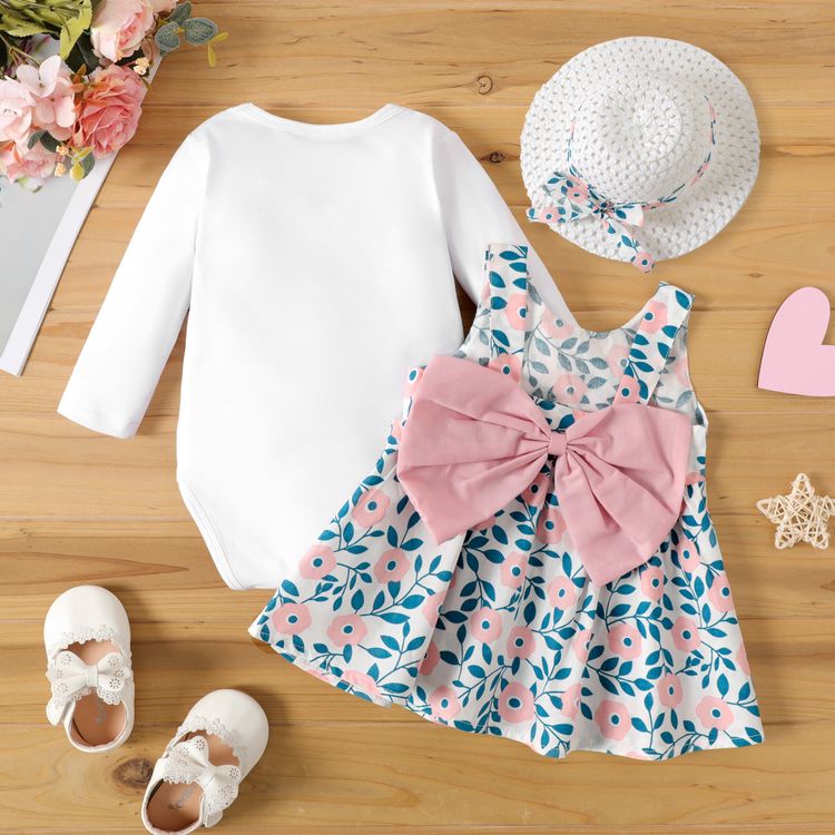 3pcs Baby Girl White Long-sleeve Romper and Floral Print Sleeveless Bowknot Dress with Hat Set Pink
