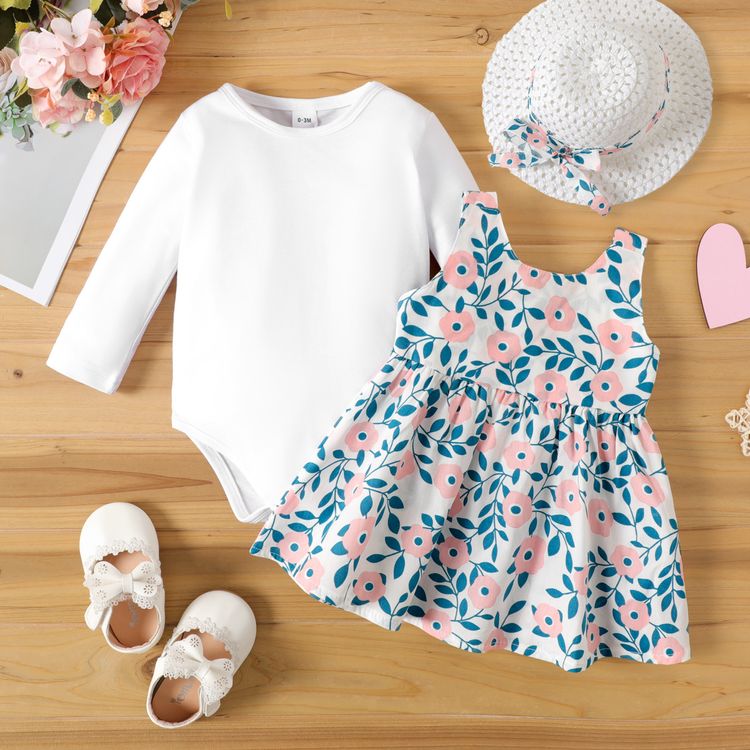 3pcs Baby Girl White Long-sleeve Romper and Floral Print Sleeveless Bowknot Dress with Hat Set Pink