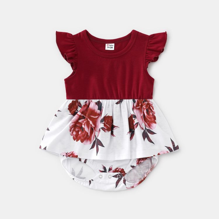 Solid V Neck Drop Shoulder Cap Sleeve Splicing Floral Print Dress for Mom and Me WineRed