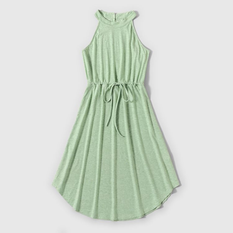 Family Matching Green Halter Neck Sleeveless Drawstring Dresses and Striped Splicing Short-sleeve T-shirts Sets Green