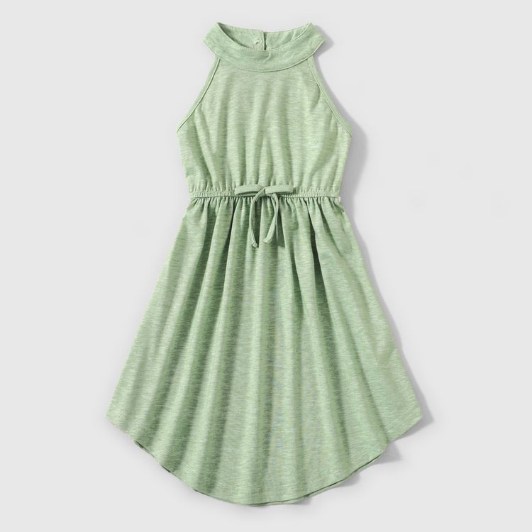 Family Matching Green Halter Neck Sleeveless Drawstring Dresses and Striped Splicing Short-sleeve T-shirts Sets Green