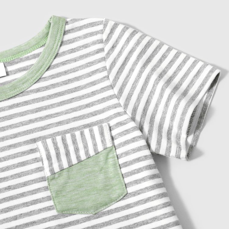 Family Matching Green Halter Neck Sleeveless Drawstring Dresses and Striped Splicing Short-sleeve T-shirts Sets Green