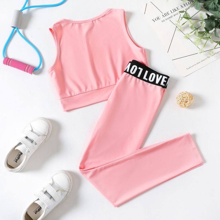 2-piece Kid Girl Solid Color Tank Top and Letter Print Leggings Sporty Set Pink