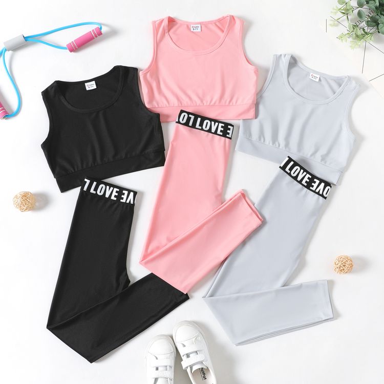 2-piece Kid Girl Solid Color Tank Top and Letter Print Leggings Sporty Set Pink