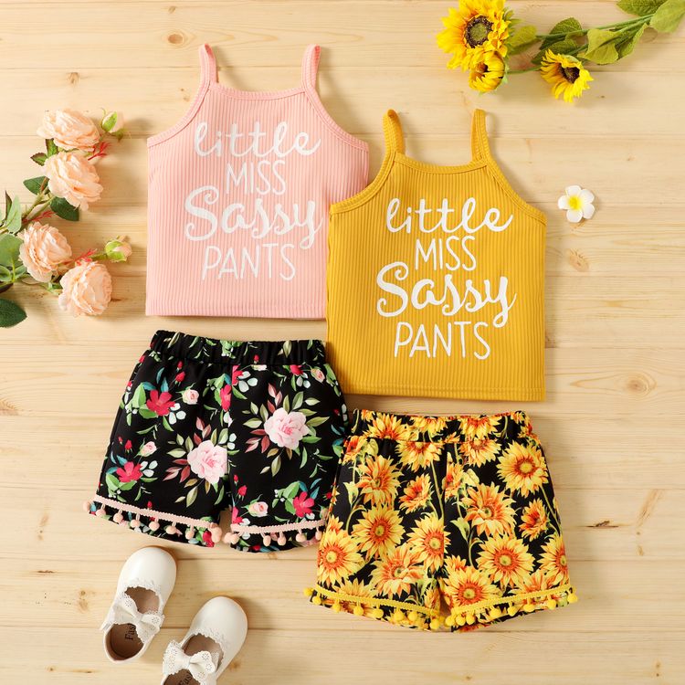 2-piece Toddler Girl Letter Print Ribbed Camisole and Floral Print Pompom Design Shorts Set Pink