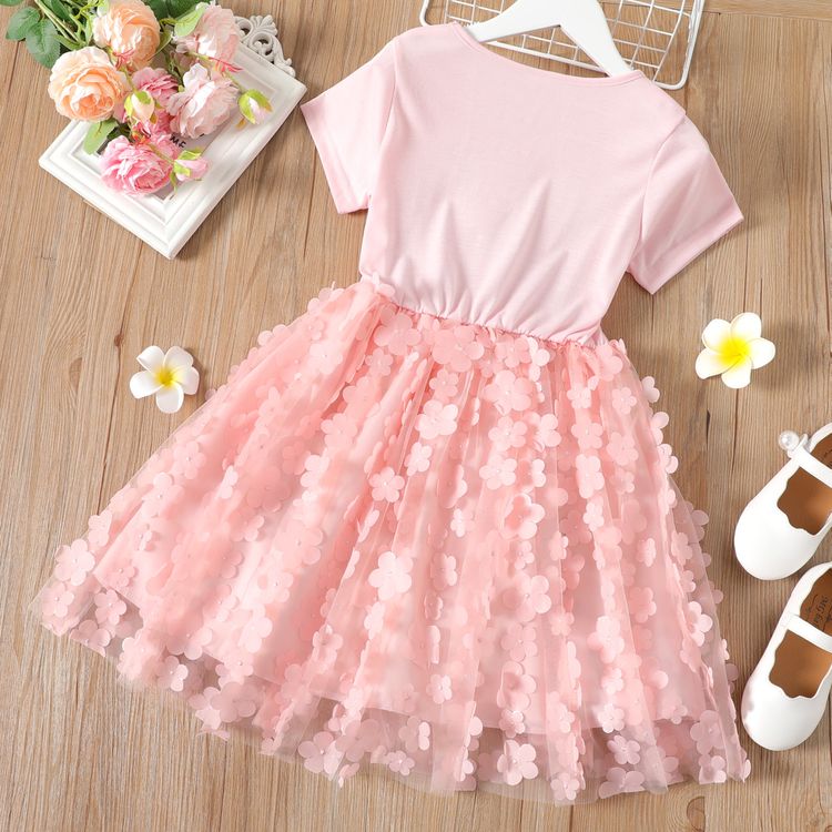 Kid Girl 3D Floral Decor Mesh Splice Solid Color Short-sleeve Dress Pink