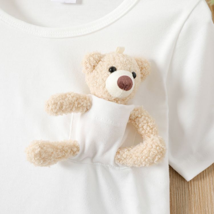 Kid Girl Casual Pocket Design Solid Color Short-sleeve Tee (Bear Doll is included) White