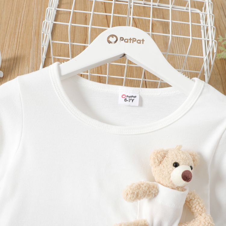 Kid Girl Casual Pocket Design Solid Color Short-sleeve Tee (Bear Doll is included) White
