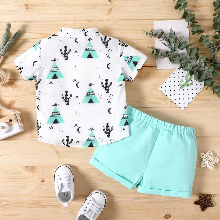 2pcs Baby Boy All Over Cactus Print Short-sleeve Shirt and 100% Cotton Solid Shorts Set Lakeblue
