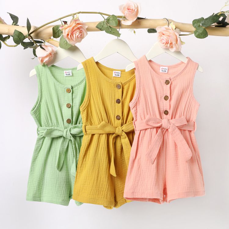 Toddler Girl 100% Cotton Solid Color Button Design Sleeveless Belted Romper Jumpsuit Shorts pink