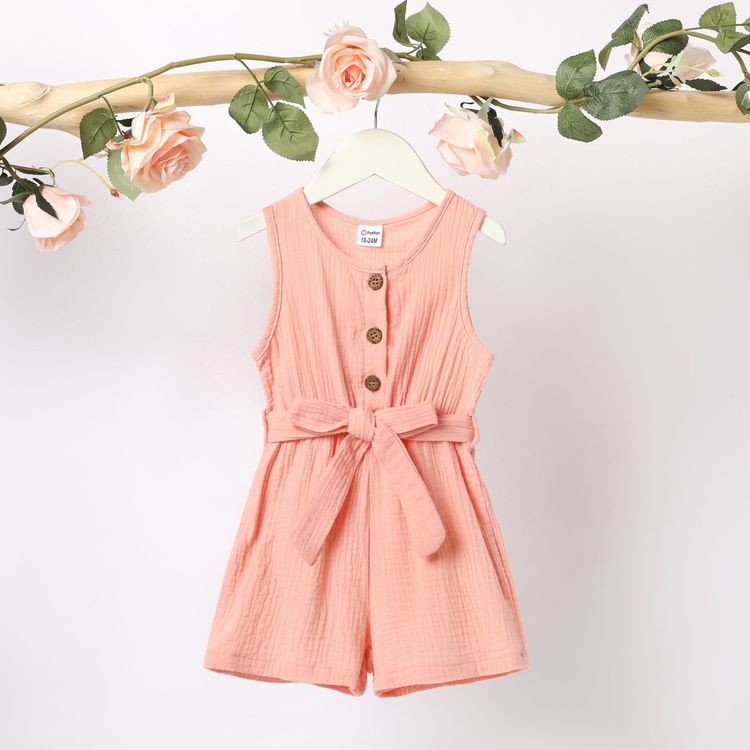 Toddler Girl 100% Cotton Solid Color Button Design Sleeveless Belted Romper Jumpsuit Shorts pink