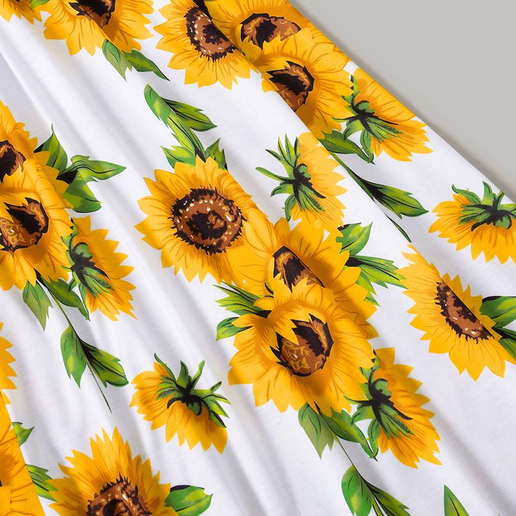Family Matching Solid Spaghetti Strap Splicing Sunflower Floral Print Dresses and Short-sleeve T-shirts Sets ColorBlock