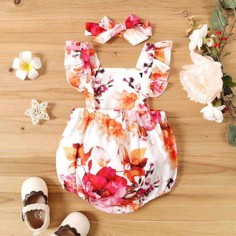 2pcs Baby Girl Allover Floral Print Sleeveless Ruffle Romper with Headband Set Multi-color