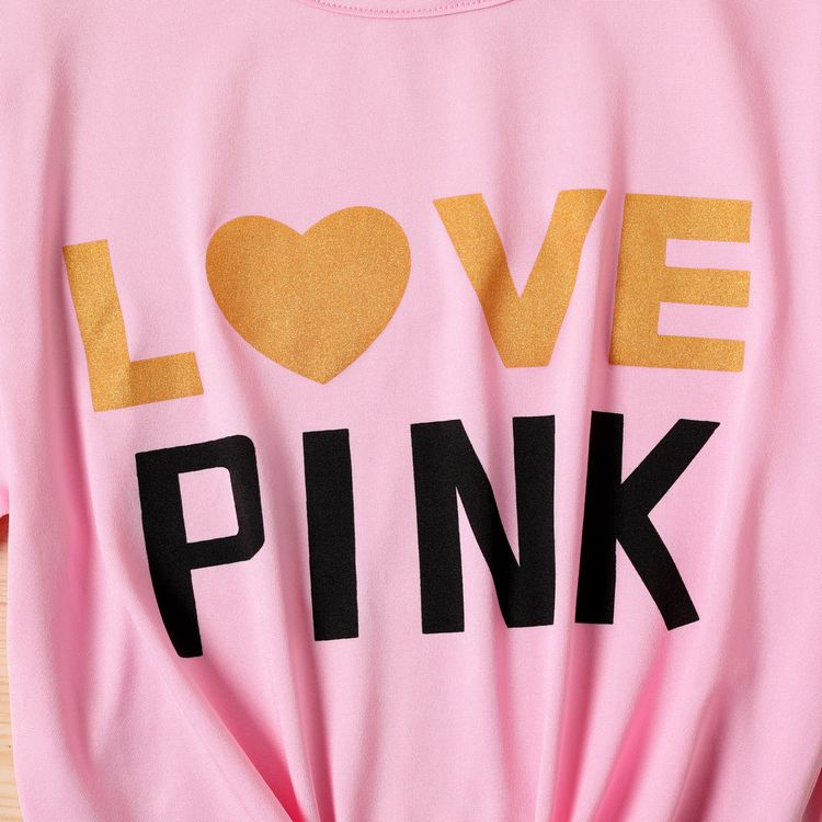 2-piece Kid Girl Letter Print Tie Knot Short-sleeve Tee and Colorblock Shorts Set Pink