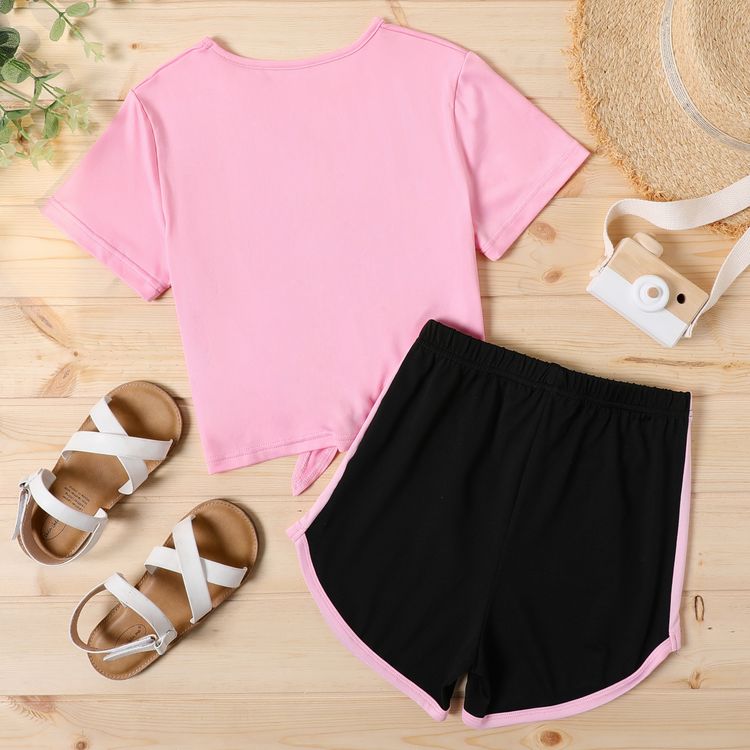 2-piece Kid Girl Letter Print Tie Knot Short-sleeve Tee and Colorblock Shorts Set Pink