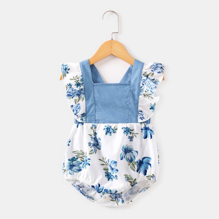 Blue Ruffle Sleeveless Splicing Floral Print Belted Dress for Mom and Me Light Blue