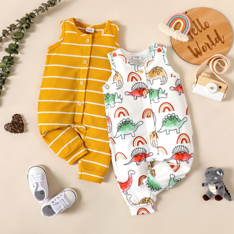 Baby Boy Allover Dinosaur Print/Striped Sleeveless Button Jumpsuit Color block