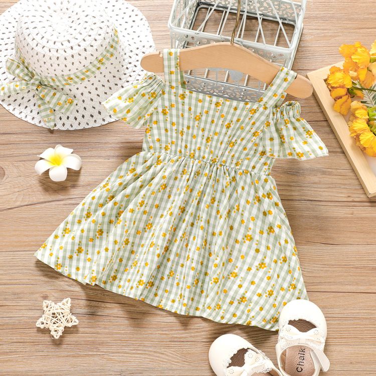 2pcs Baby Girl All Over Floral Print Plaid Cold Shoulder Short-sleeve Dress with Hat Set Green